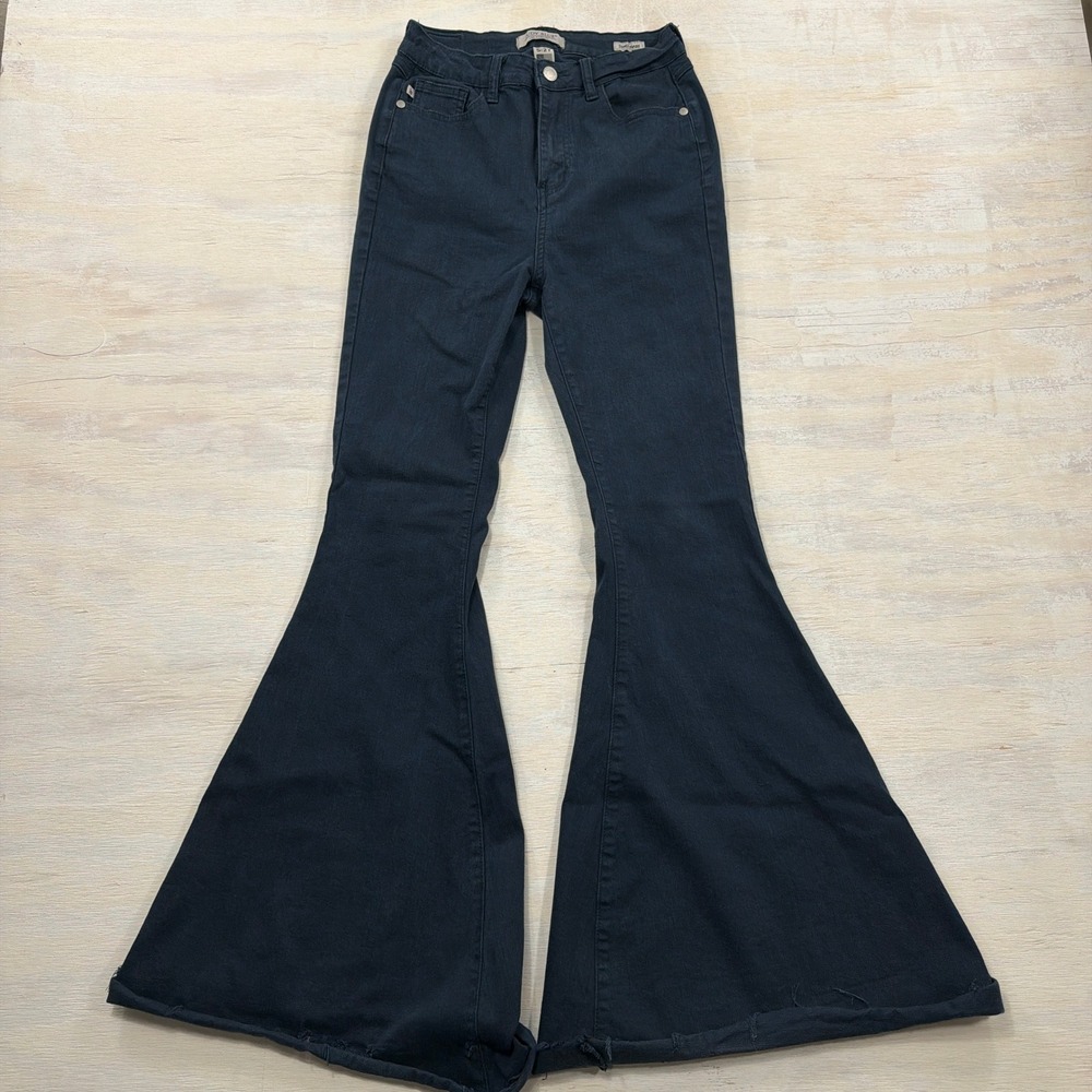 Judy Blue Jeans Super Flare 5/27 High Rise Raw Hem Dark Wash Blue Women